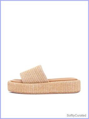 Raffia Platform Espadrille Slides Woven Straw Beach Sandals Slip On Summer